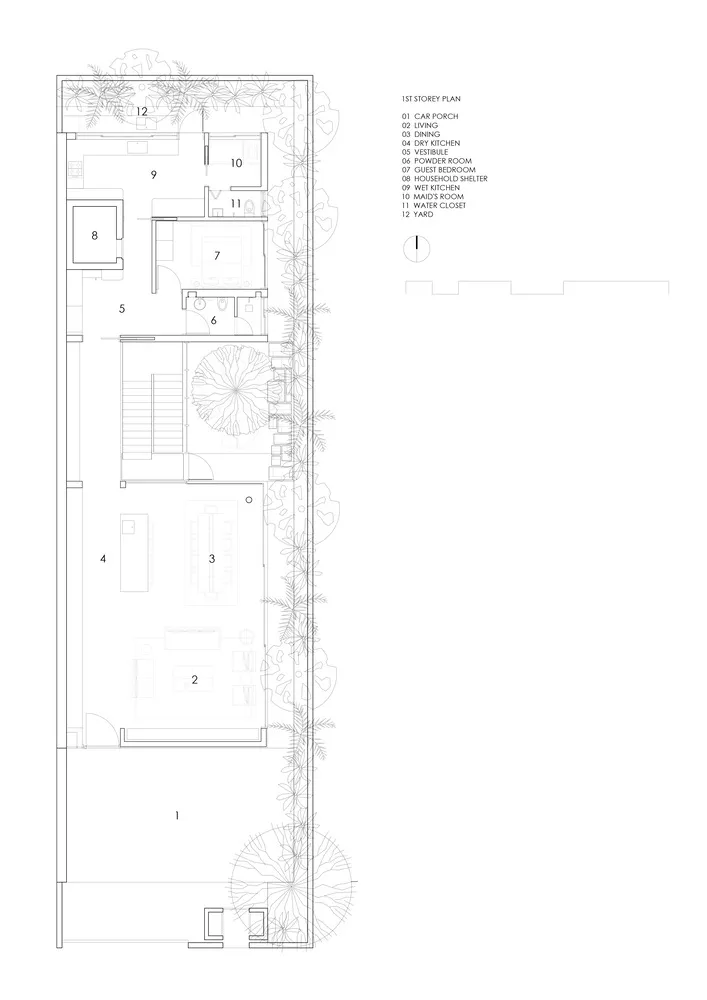 First floor plan of an architectural structure with labeled rooms such as Living Room, Dining Room, and Kitchen.