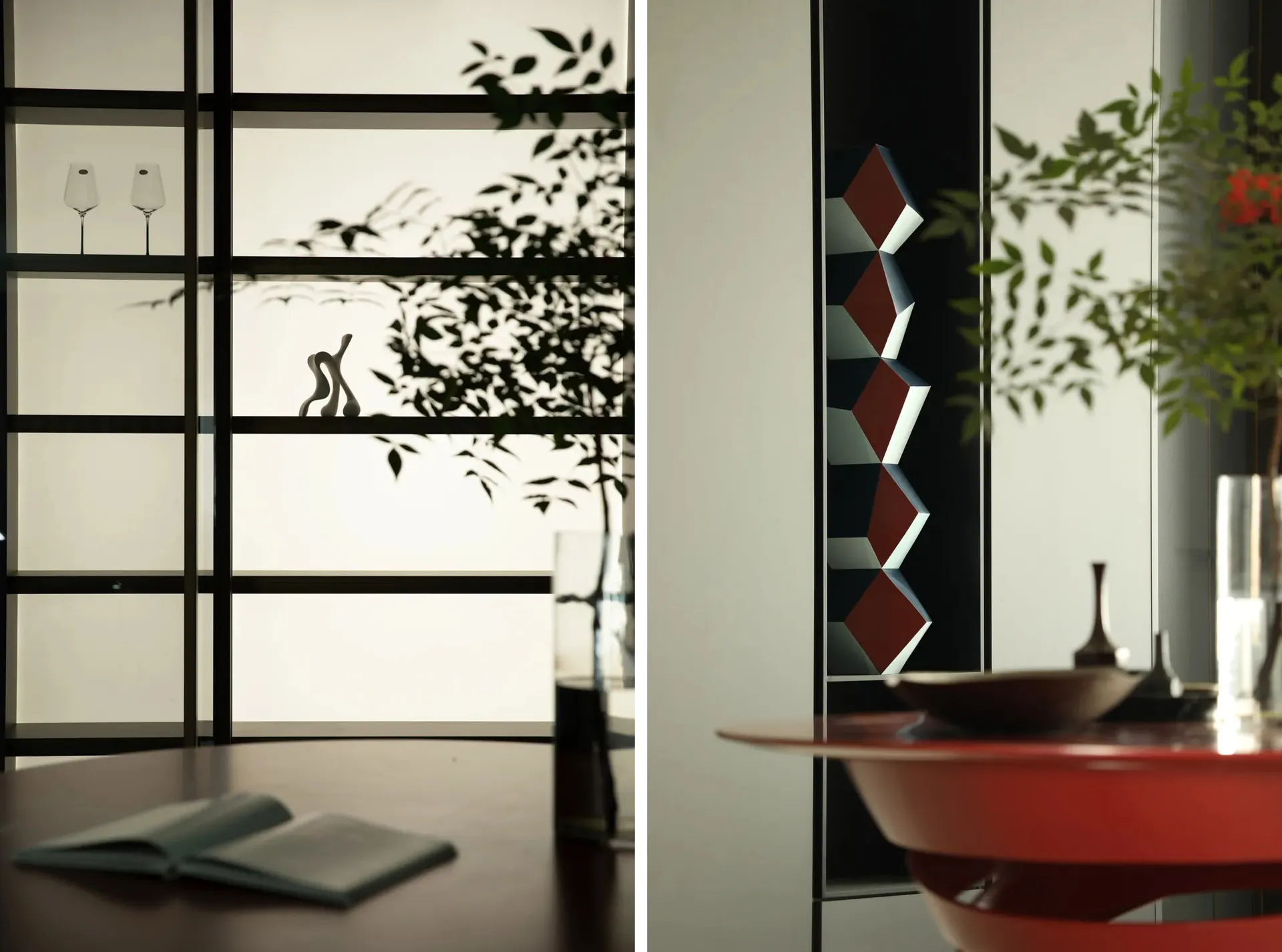 Modern dining room featuring wood furniture and a mirror.