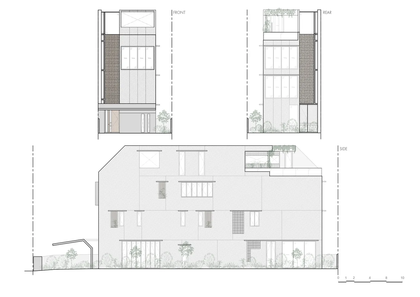 現代住宅建築的平面圖，採用混凝土結構搭配大型窗戶。