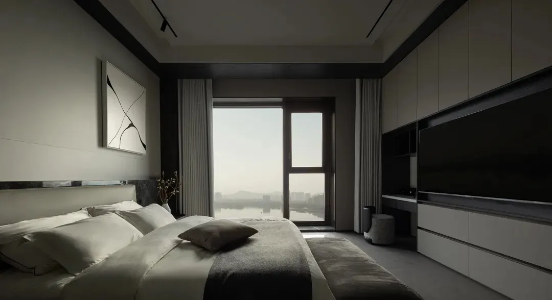 Modern minimalist bedroom with textured stone walls, wood furniture, and a leather bed.