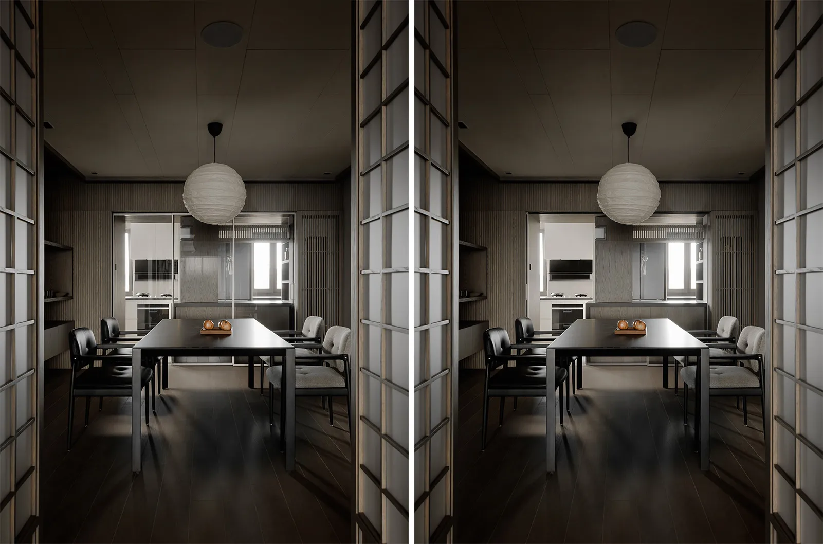 A minimalist living room with a sleek, black dining table, upholstered chairs, and a paper lantern hanging above. The space f