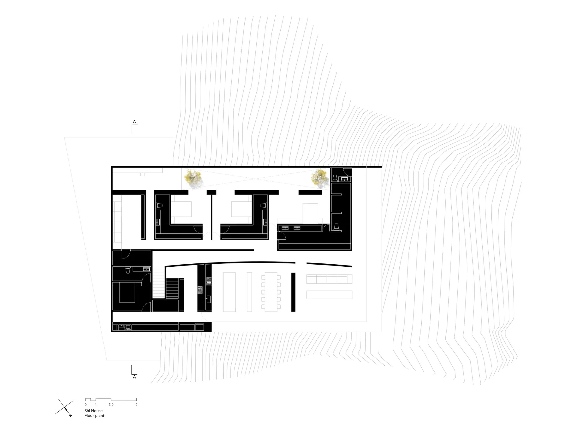 A detailed architectural floor plan of a modern residential space, featuring various rooms and functional areas.
