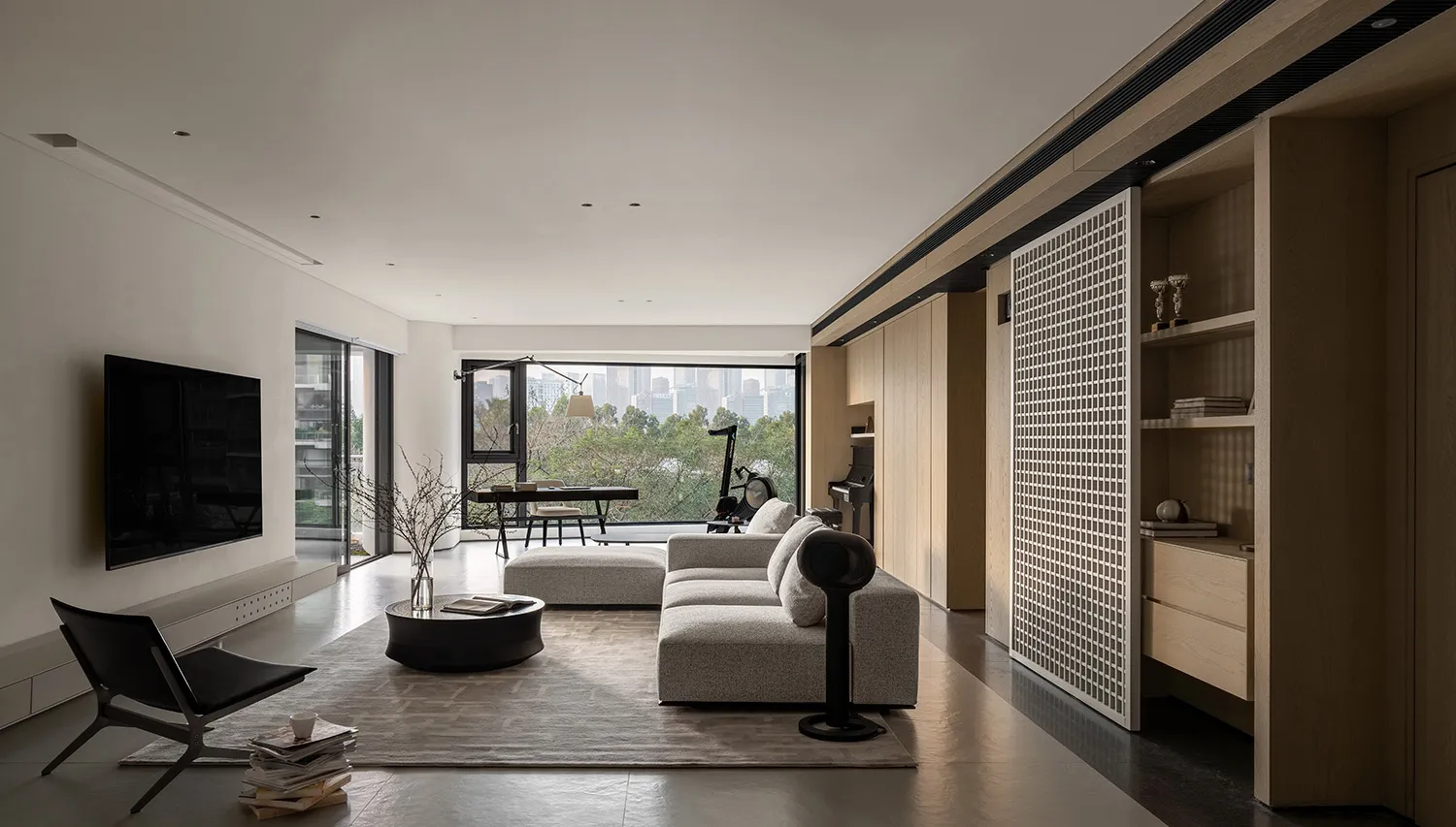 Modern interior design living room with wooden and paper elements.