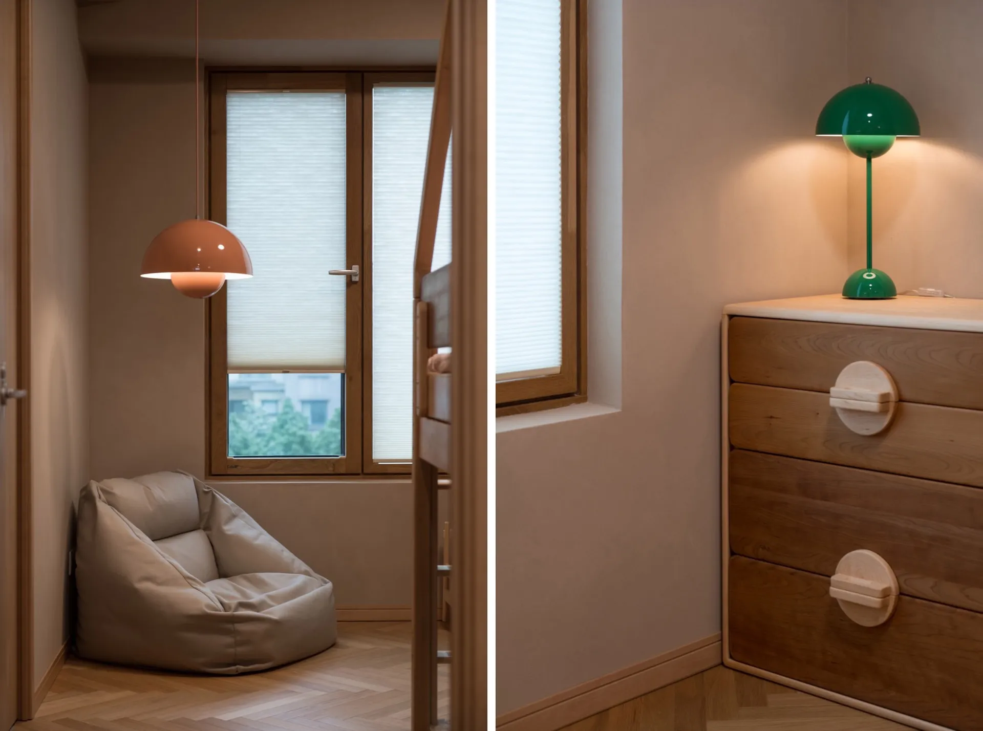 A modern bedroom featuring sleek, minimalist wood furniture and a cozy reading nook with a beanbag chair and pendant light.