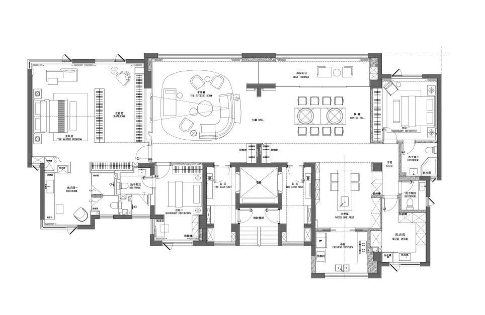 一張詳細的現代公寓建築平面圖，展示白色牆面、空間配置與設計特色。