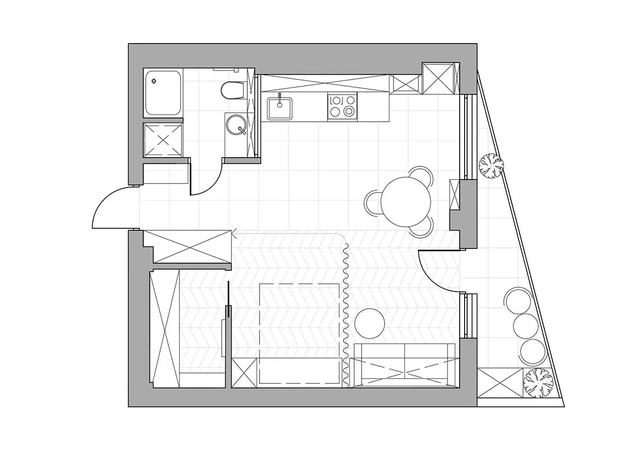 Minimalist floor plan of a residential apartment