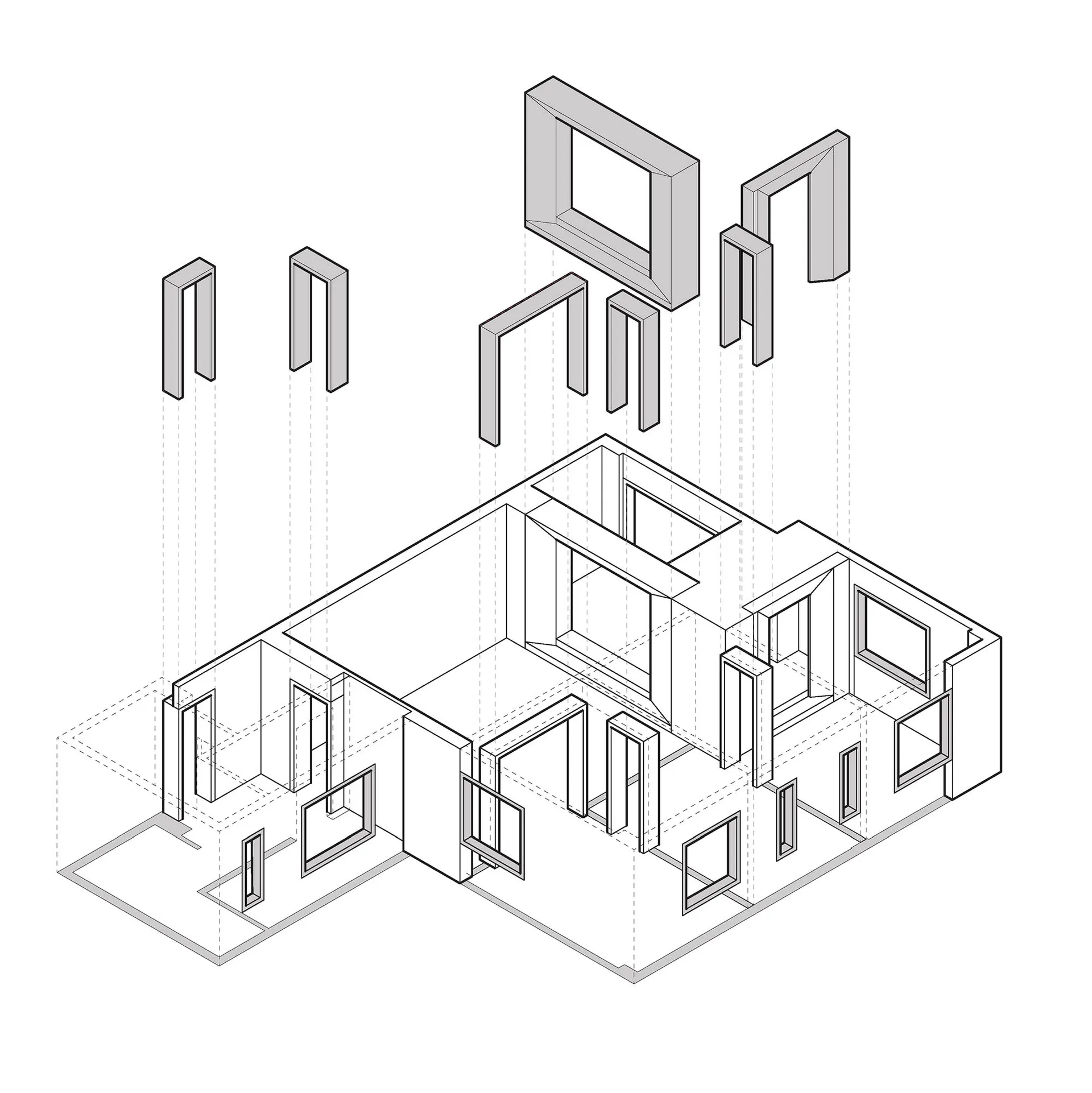 Isometric view of a modern house with metal frame and glass windows