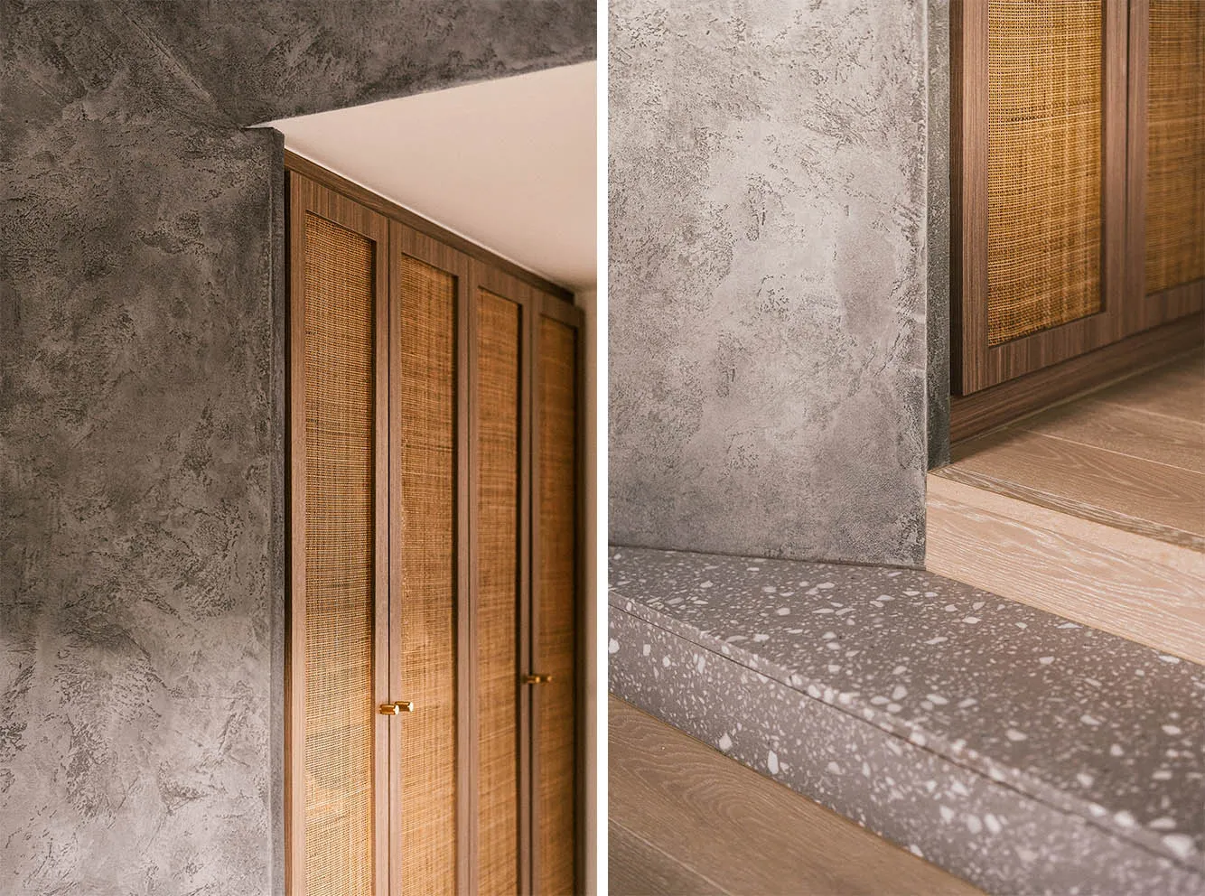 A minimalist staircase with concrete and wovenfiber panels, featuring a terrazzo step.