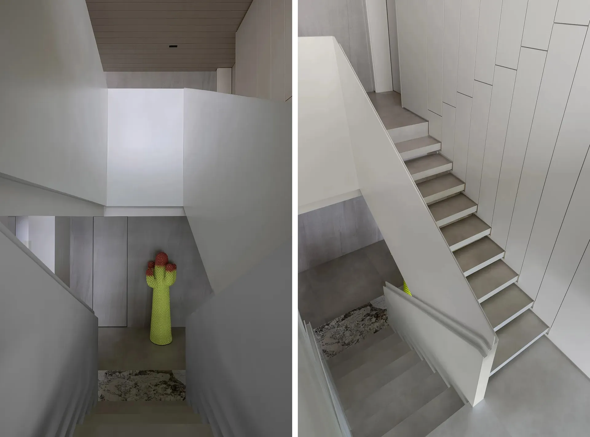 Modern minimalist staircase with white concrete steps, wooden railings, and a cactus sculpture.