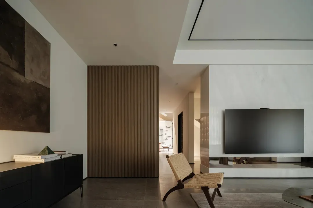 Modern living room featuring a wall panel made of natural wood