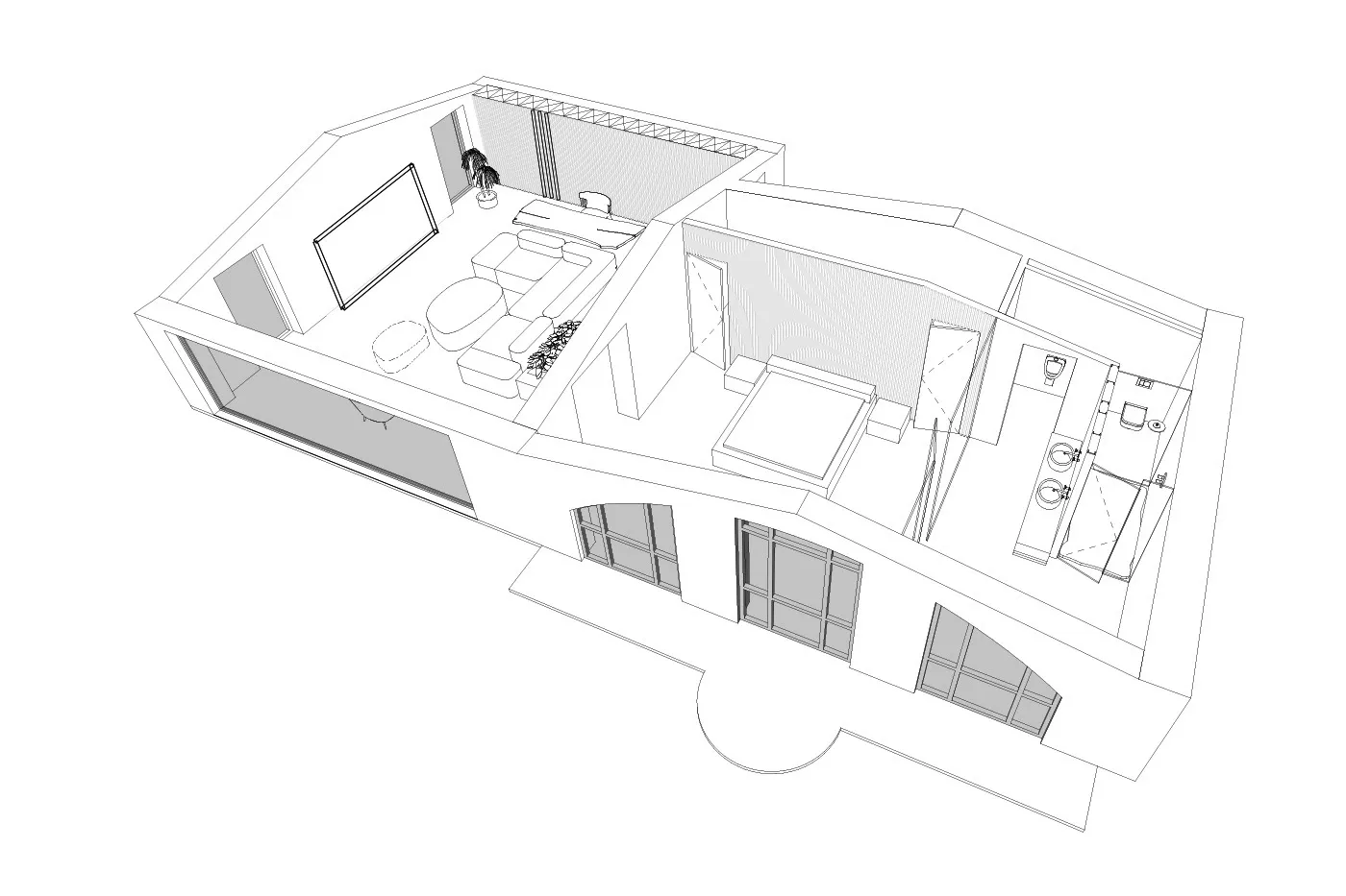 An architectural drawing of a modern residential interior featuring glass walls and concrete flooring.