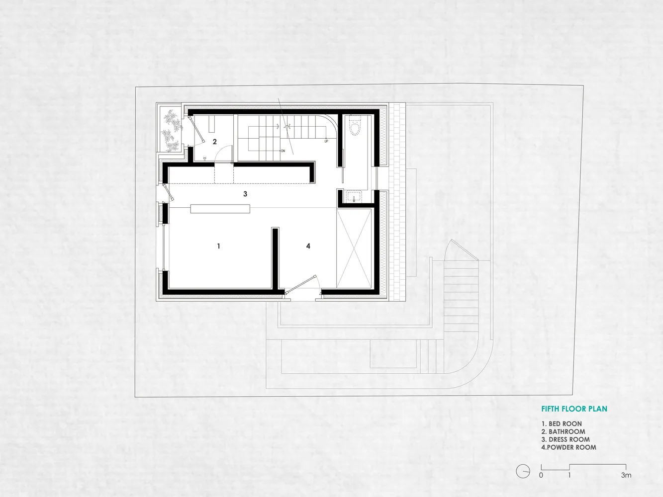 Minimalist residential floor plan in white paper with room labels and scale.