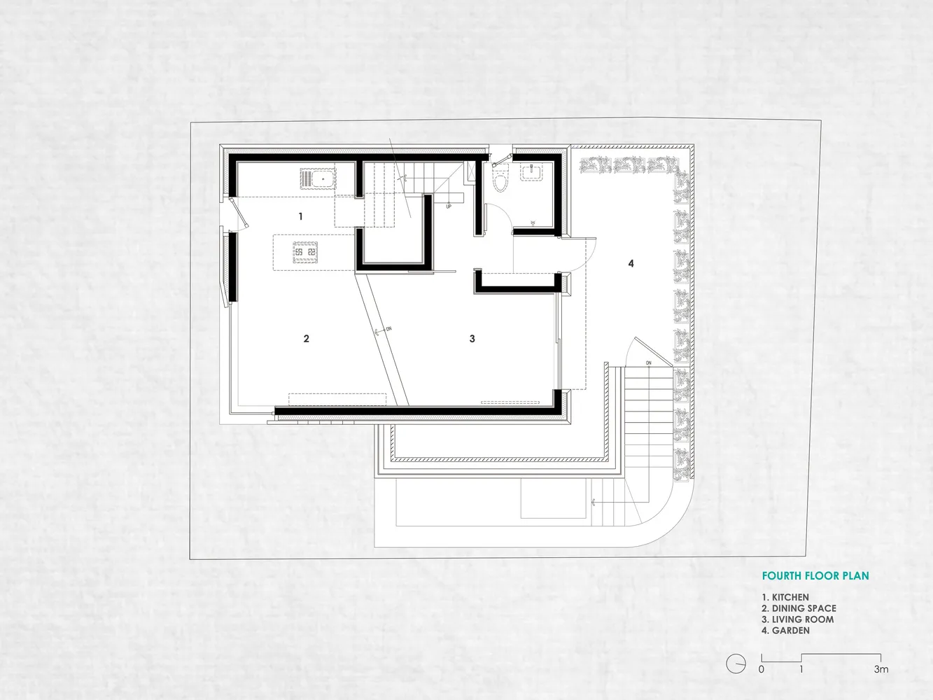 Floor plan of a modern residential interior with a kitchen, dining space, living room, and garden.