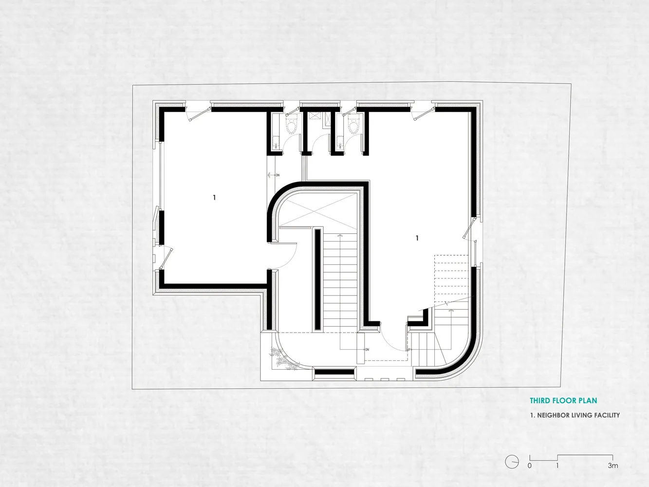 A detailed architectural floor plan depicting the layout of a building's third floor, featuring concrete, glass, and steel ma
