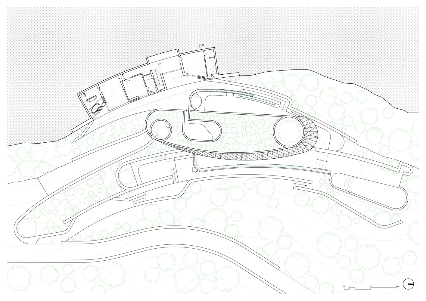 A detailed architectural rendering depicting a landscape design on paper.