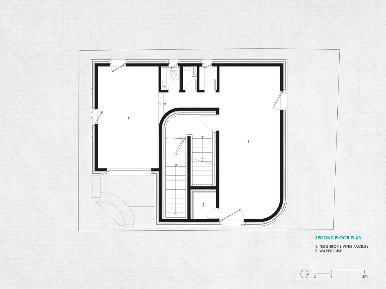 Modern architectural floor plan for a second floor warehouse and living space