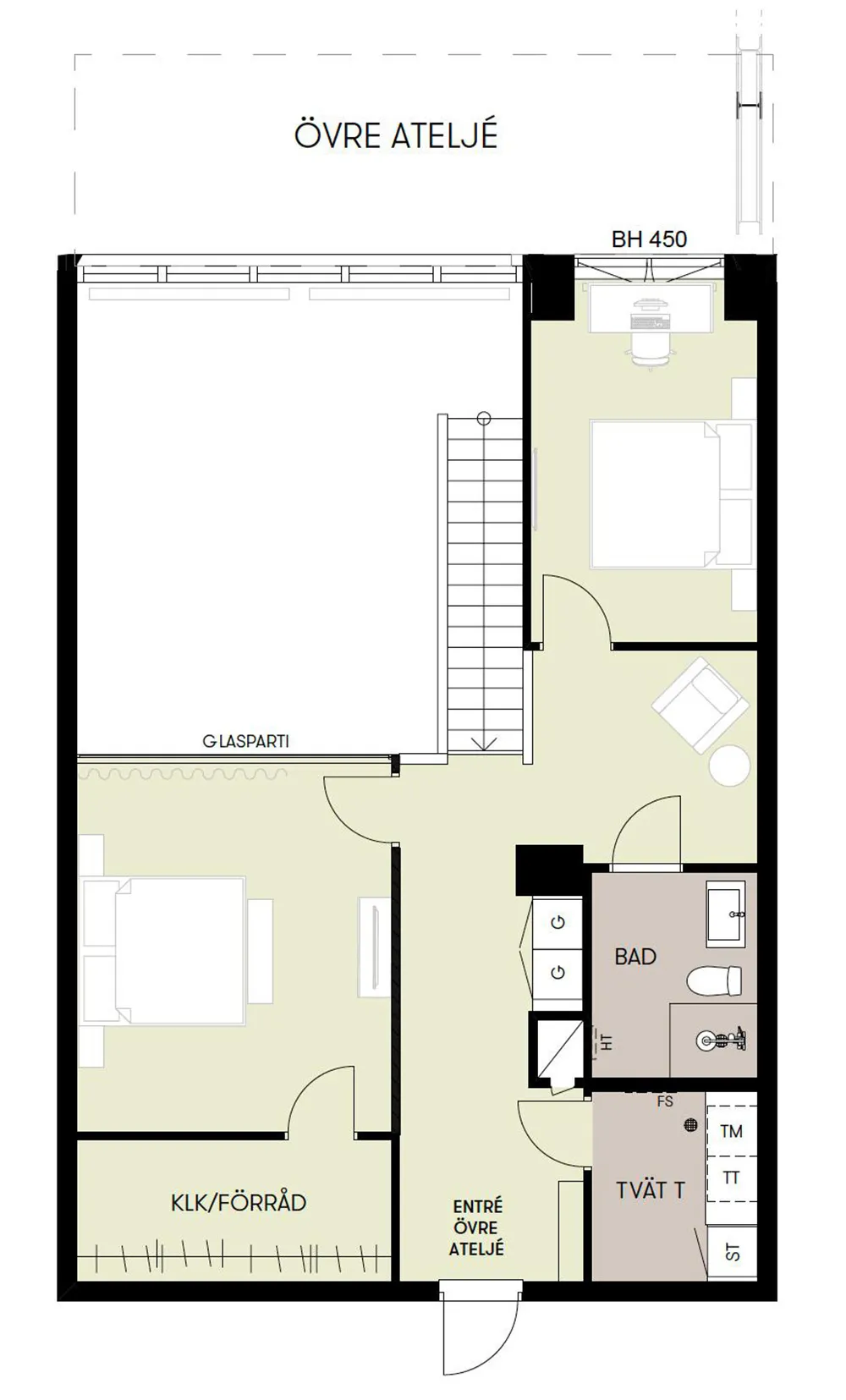 Modern minimalist bedroom with glass partition, lounge area, bathroom, and washing facilities.