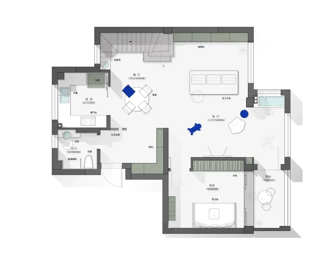 Modern apartment layout with white walls and white furniture, featuring a living room, dining room, kitchen, bedroom, and bat