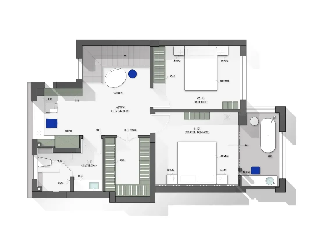 2D architectural floor plan layout for a modern residential space, featuring bedrooms, living room, bathrooms, and storage so