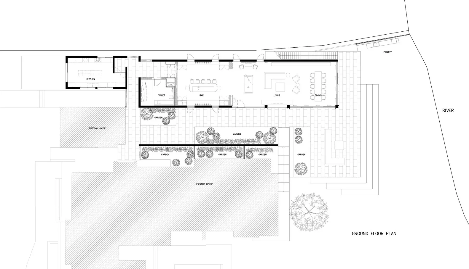 A detailed architectural floor plan depicting a modern living space with concrete tiles, featuring functional zones like kitc