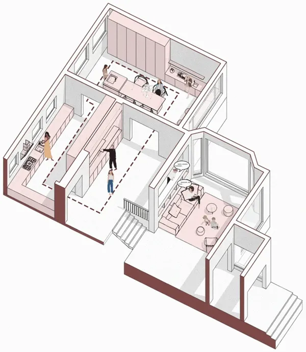 現代室內的詳細建築平面圖，展示家具配置與空間佈局。