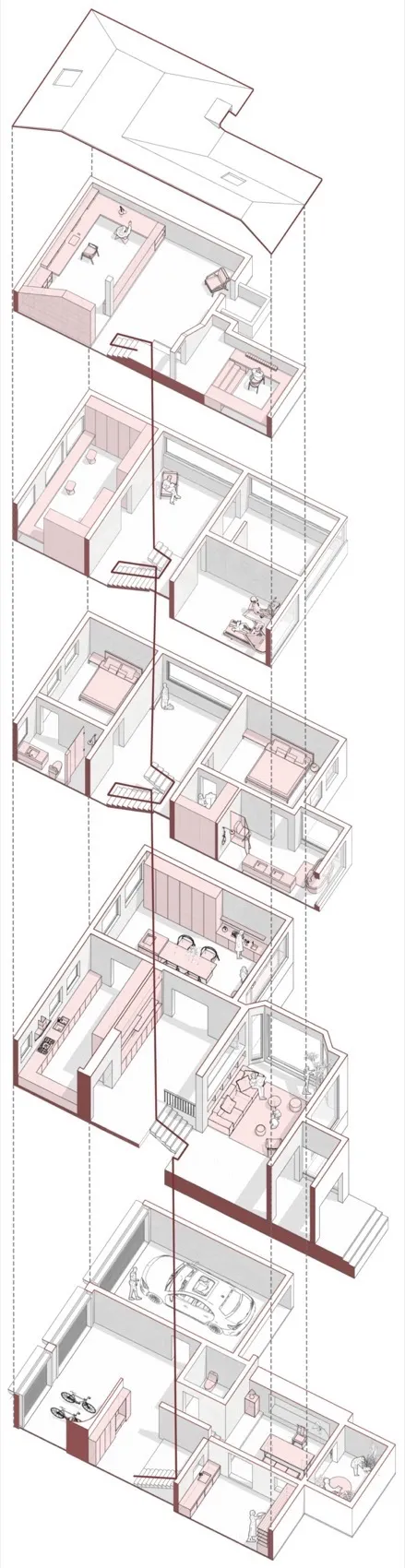 一張詳細的渲染平面圖，描繪多層住宅建築中的各個房間與空間。