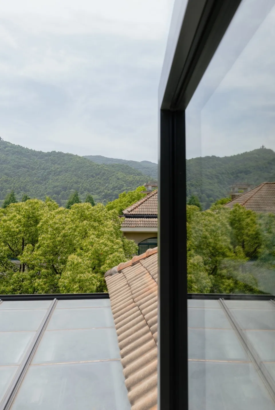 A view through a glass lens showing green foliage and rooftops against a hazy sky.