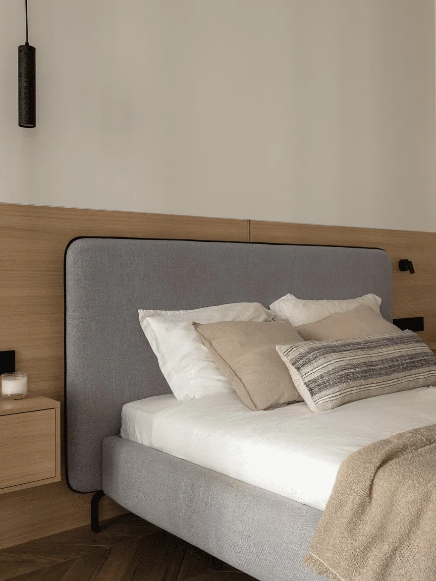 A minimalist bedroom with a fabric bed and soft furnishings