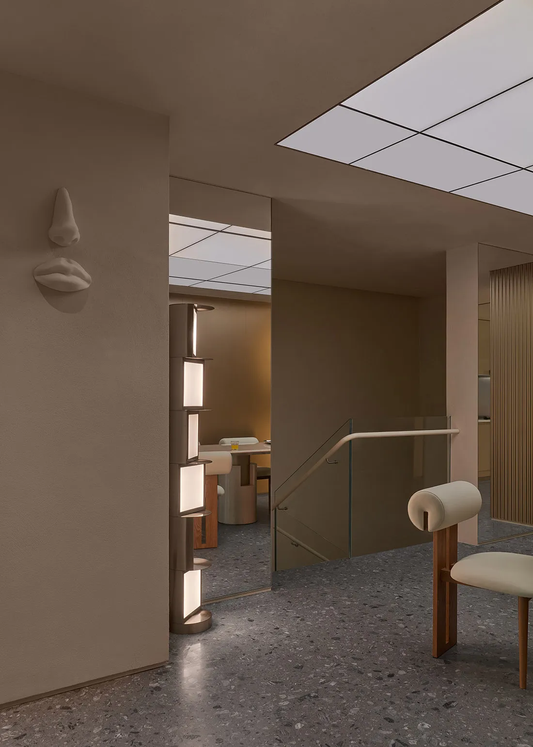 Minimalist interior design with concrete materials and sleek lines.