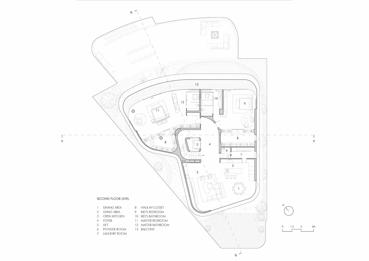 Second-floor layout of a modern residential building with designated areas for dining, living, and private bedrooms with bath