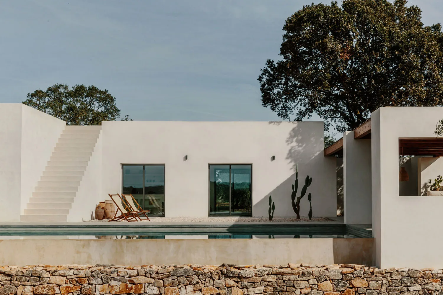 Modern minimalist white plaster house with a swimming pool and cactus plant next to a large tree.