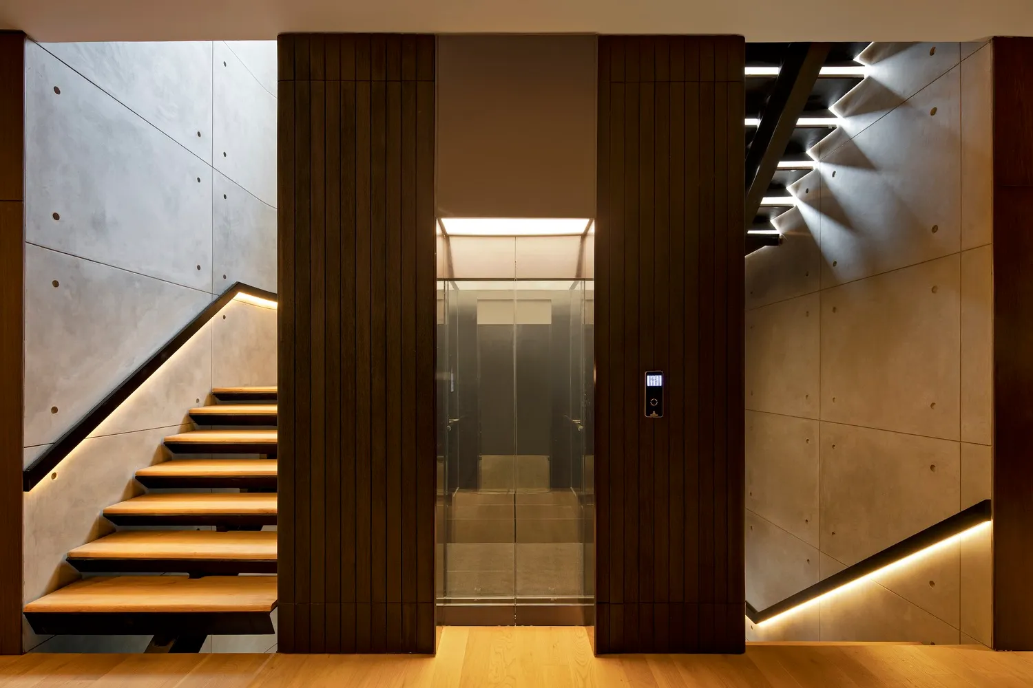 Modern interior design featuring concrete and wood materials