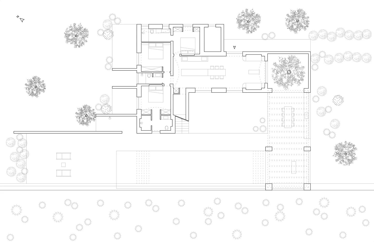 A simplified, modern minimalist residential floor plan shown in white and black with no background details.