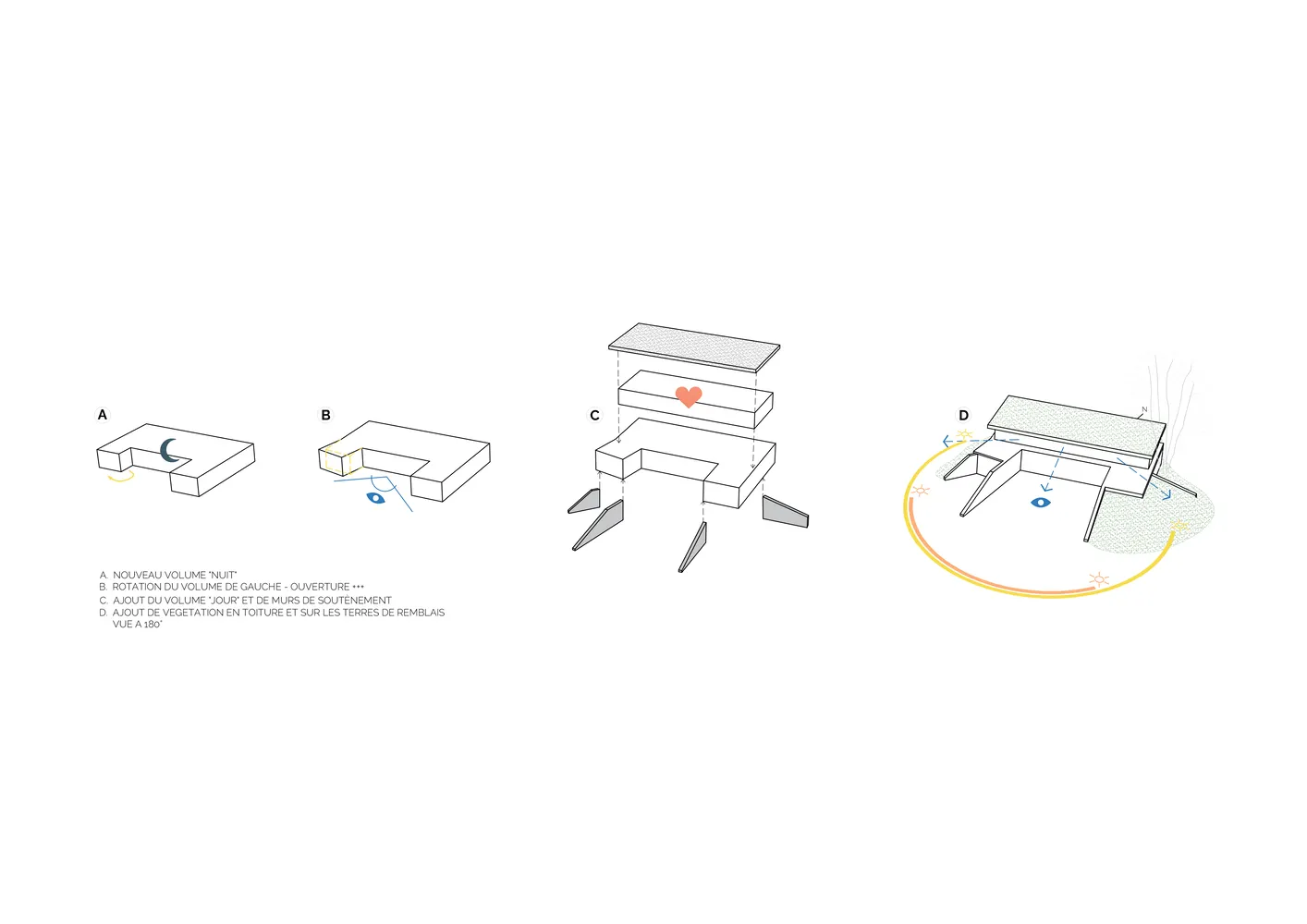 Sequence of architectural drawings illustrating a construction process.
