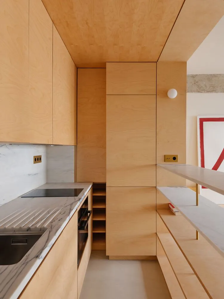 A modern kitchen featuring a marble countertop and wooden cabinets.