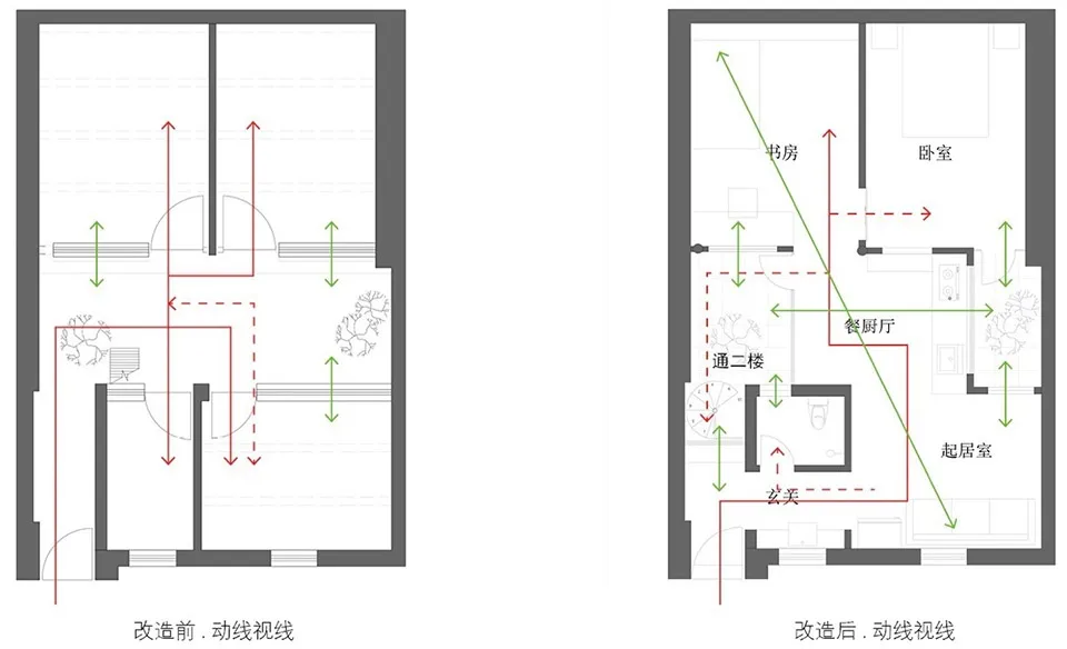 Floor plan showing a home renovation layout with before and after designs.