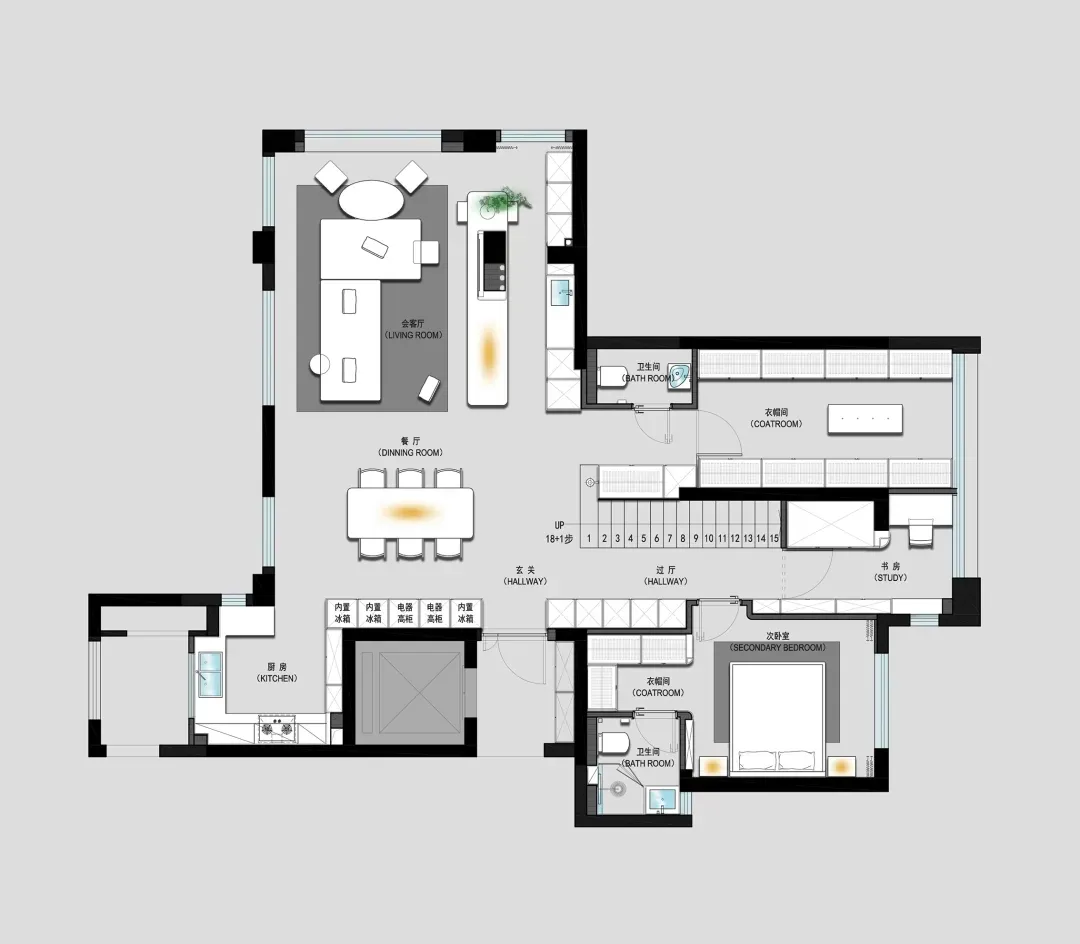 現代住宅格局的2D建築平面圖,採用混凝土地板與玻璃門。