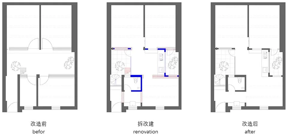 3 architectural diagrams depicting a house's floor plan in three different stages of remodeling.