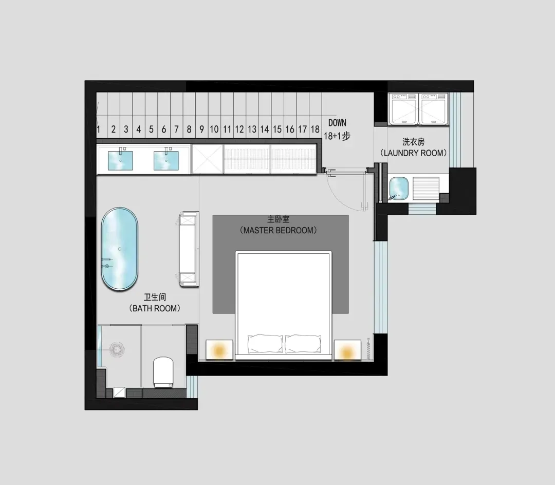 Floor plan of a modern master bedroom suite including a bed, bathroom, and laundry room.