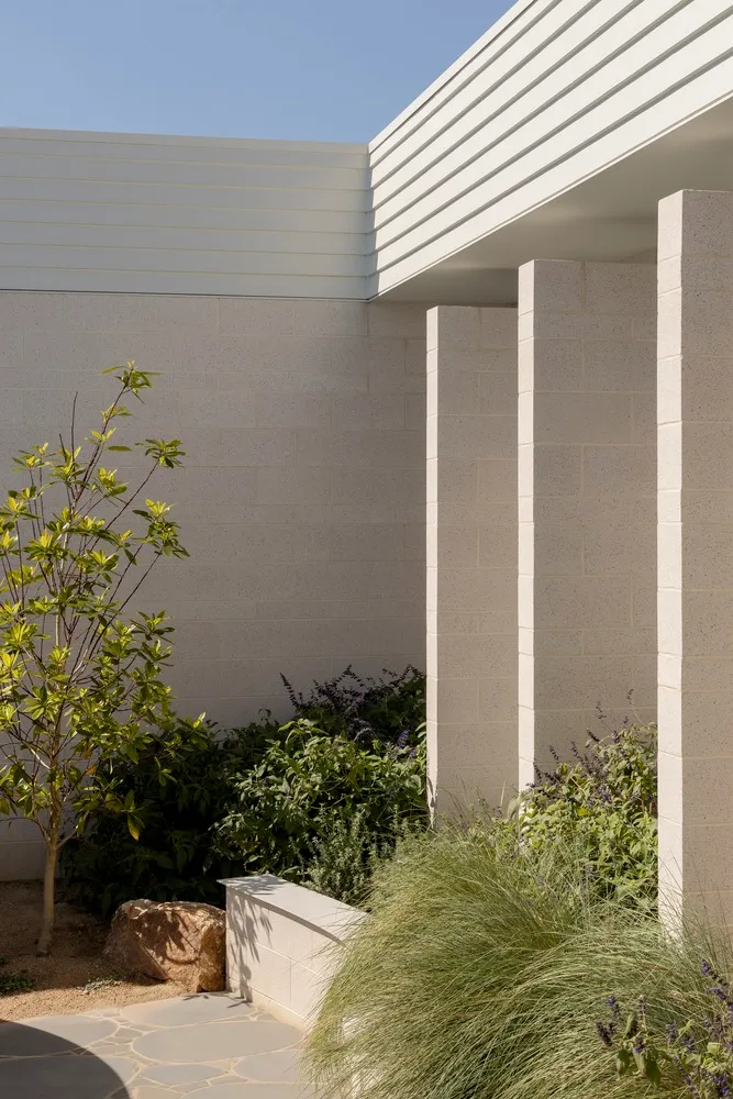 Modern minimalist facade featuring concrete and timber materials.