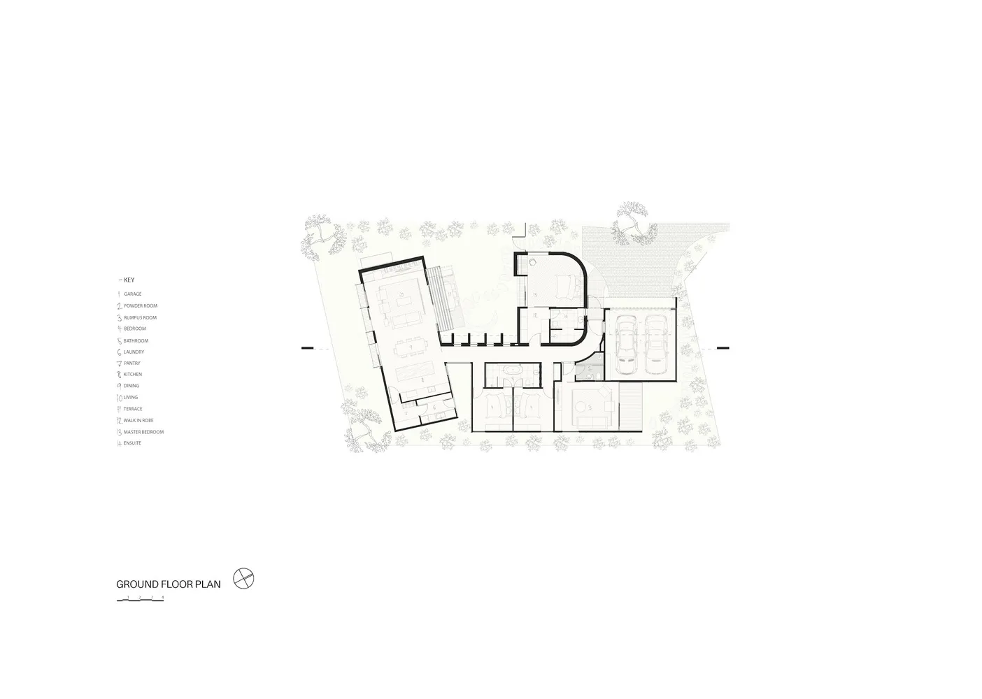 Modern residential architectural plan featuring concrete, glass, and metal elements