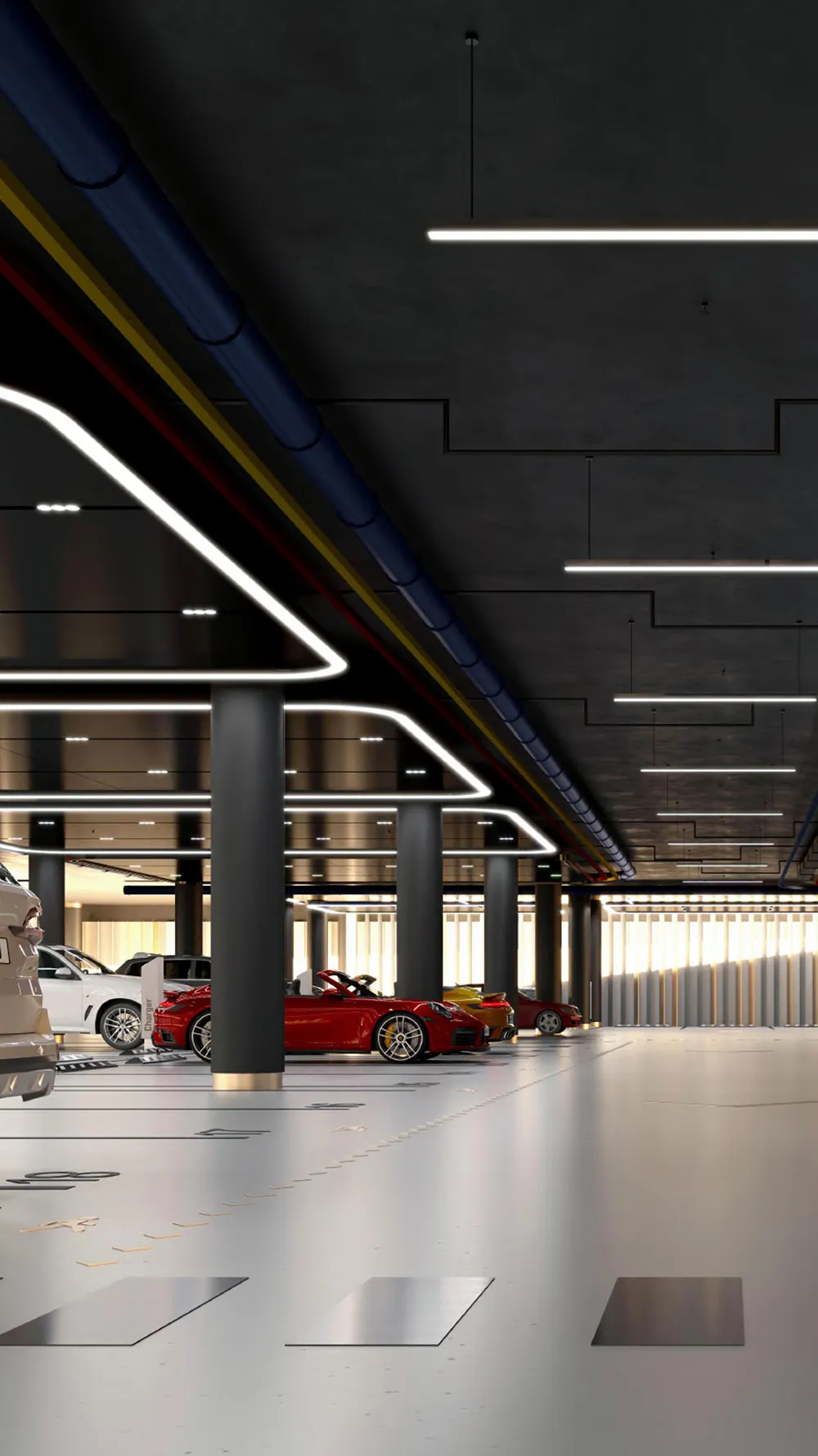 Modern industrial concrete lobby interior with exposed concrete walls, metal beams, and minimalistic design features.