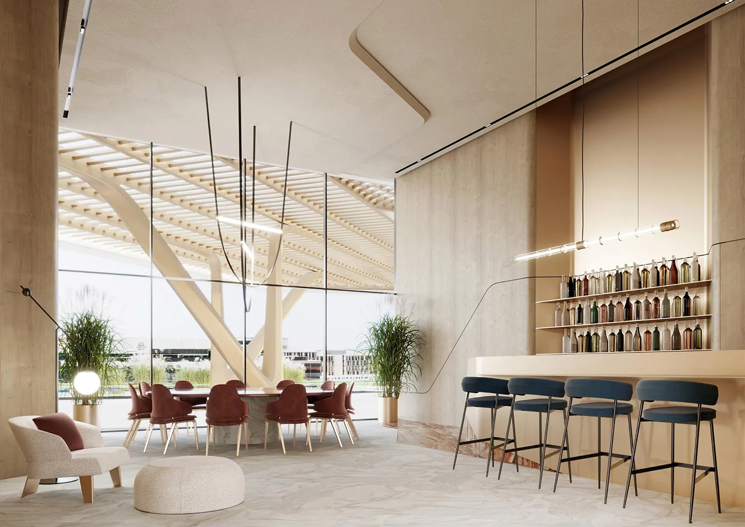 A modern restaurant bar featuring concrete, wood, and marble materials.