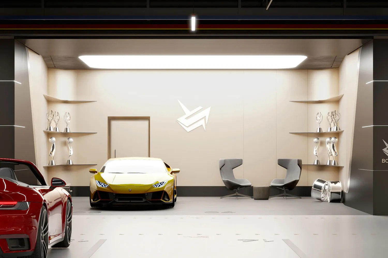 A modern car showroom interior featuring metal, wood, and concrete materials.