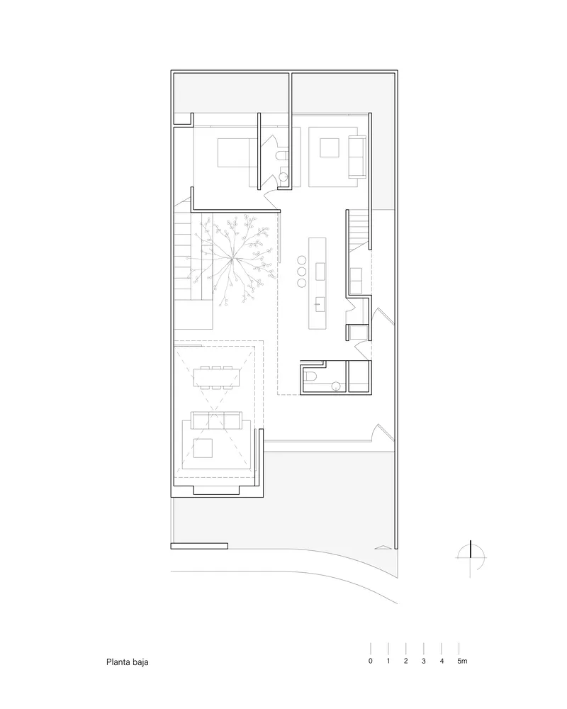 Floor plan of a modern residential layout featuring an open staircase and outdoor terraces.
