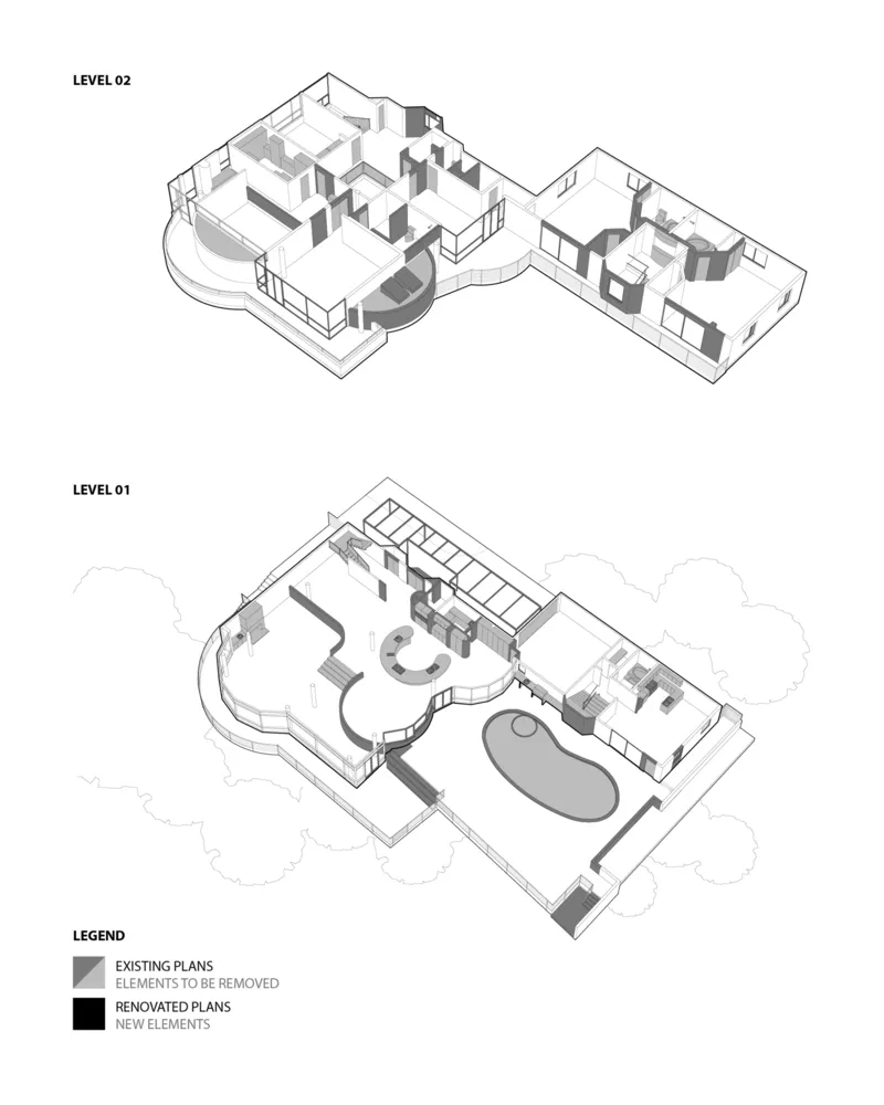 黑白插畫式現代公寓室內平面圖，以細膩的白色區域強調設計細節
