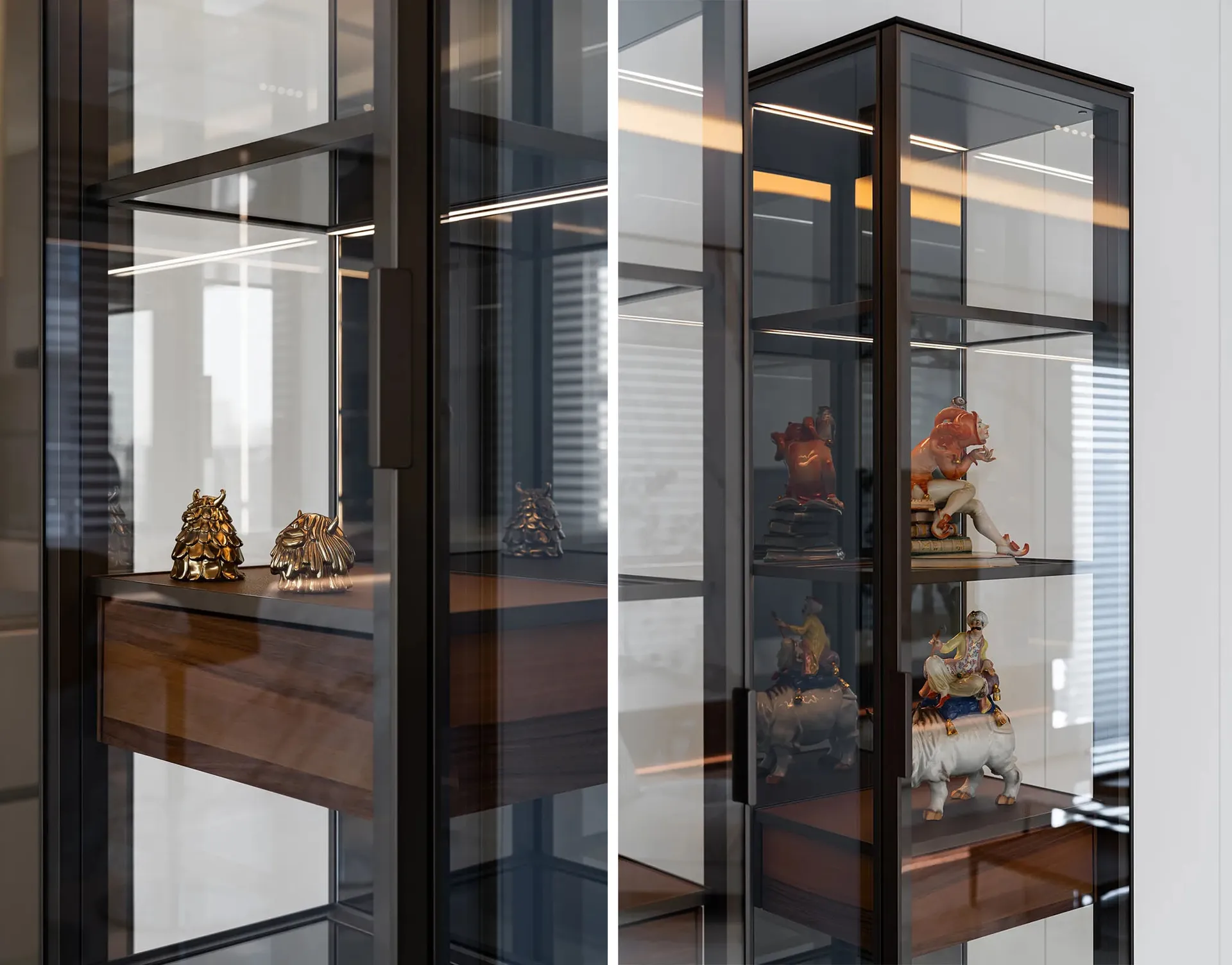 現代玻璃與金屬層架展示櫃,陳列裝飾雕塑。