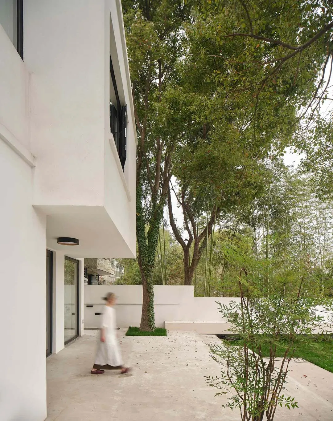 A modern house with a concrete exterior, surrounded by greenery.