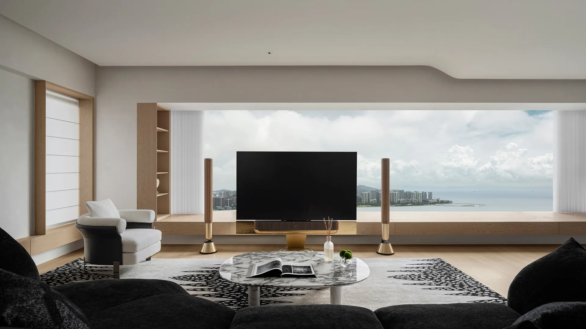 A contemporary living room featuring minimalist design principles with natural wood, sleek marble surfaces, and polished meta