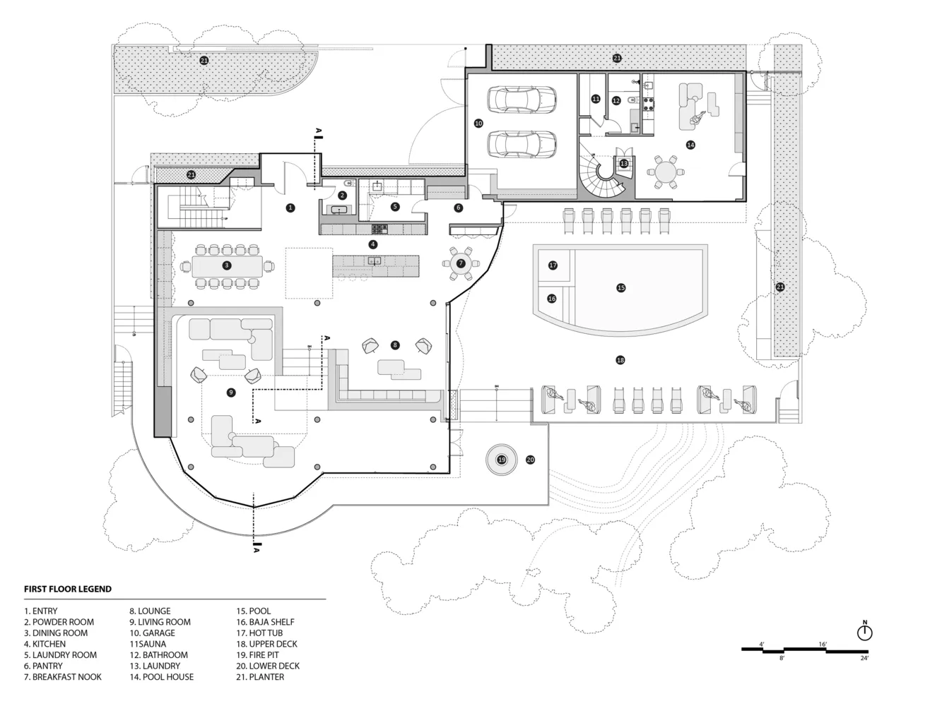 Architectural layout of a modern residential interior featuring a concrete floor plan with open living spaces, a kitchen, and